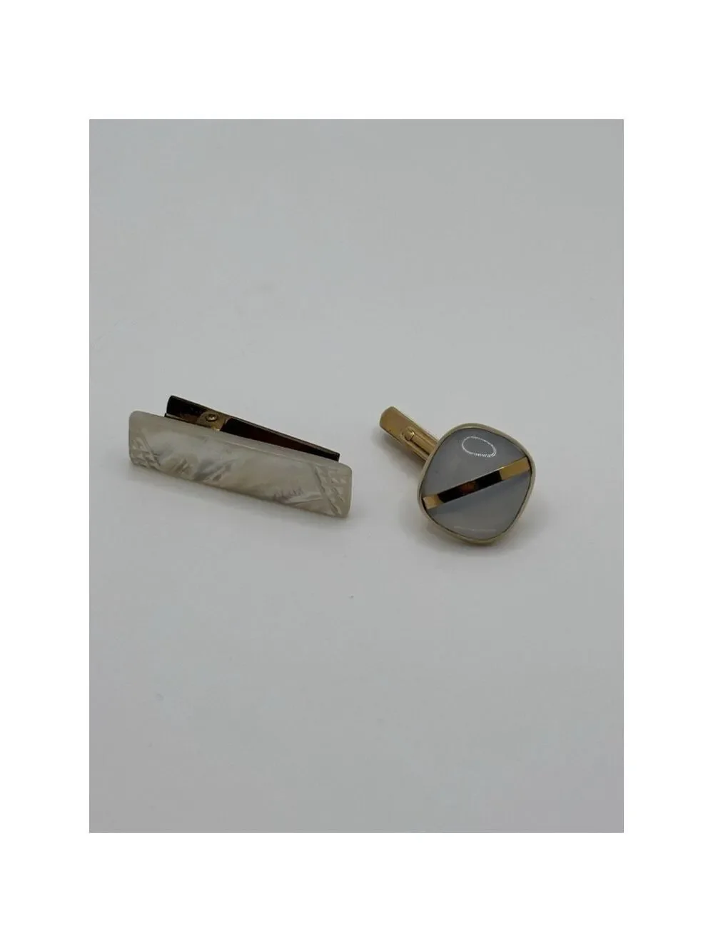 Vintage Mother Of Pearl Cufflink And Tie Clip Set